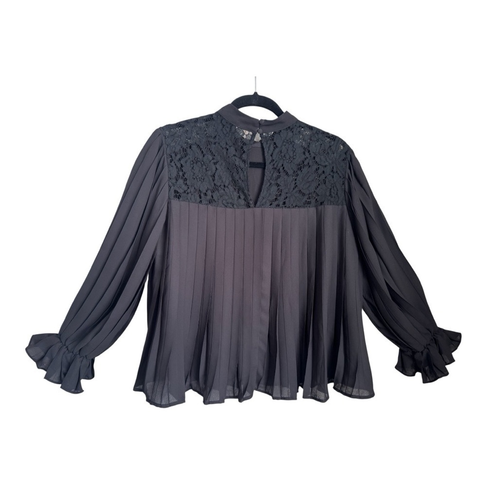 Black Pleated Chiffon Blouse | Lace Detail Mock Neck | Medium Romantic Flowy Top - Picture 5 of 13